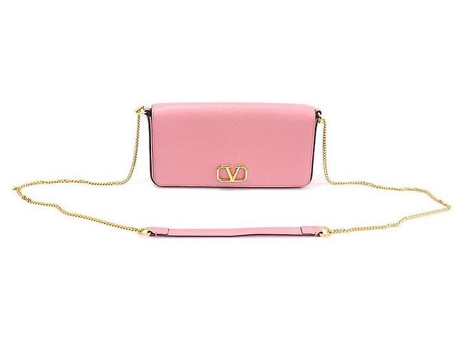 Valentino Pochette in pelle di vitello grana rosa caramella con catena logo