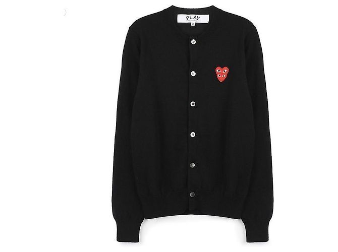 Comme Des Garcons Schwarze Strickjacke mit Doppeltem Rotem Herz-Patch