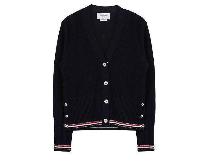 Thom Browne Cardigan en coton rayé à col en V pour femmes Bleu