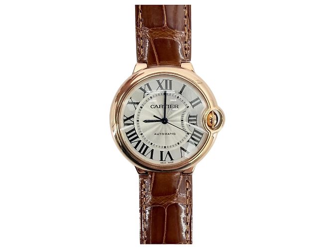 Cartier Relógio Ballon Bleu em ouro rosa com caixa de ouro e pulseira de couro de jacaré Marrom