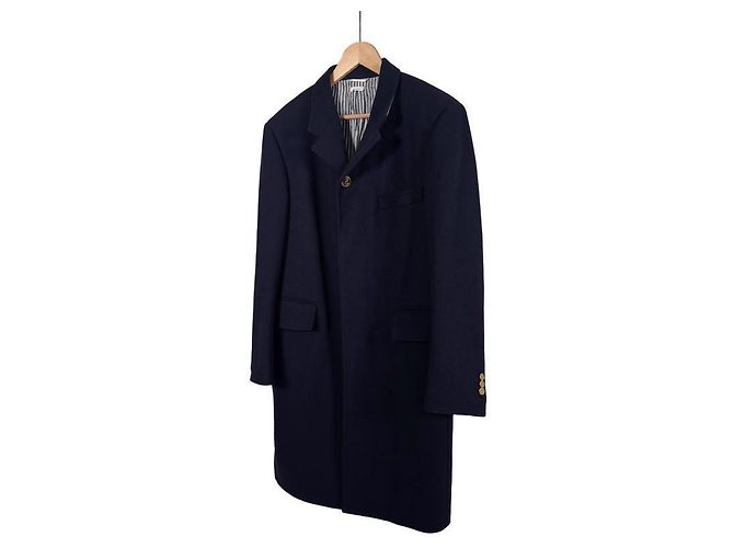 Thom Browne Abrigo de lana diagonal Chestfield Melton con botones dorados, azul marino, talla