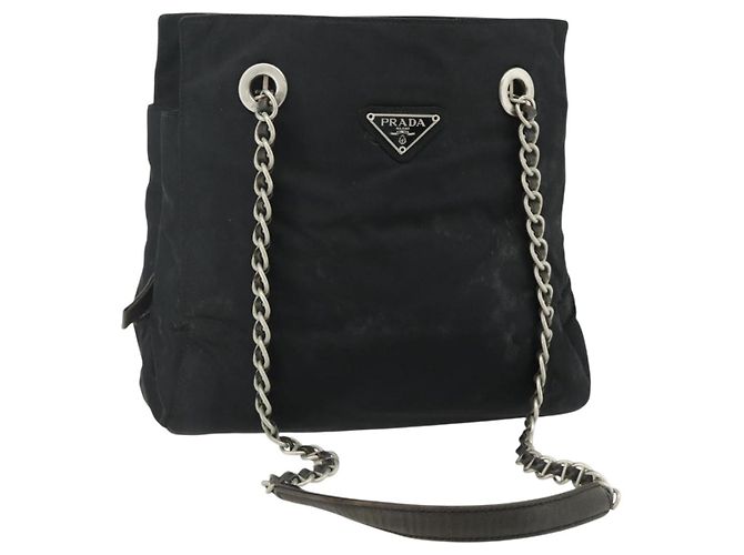 Borsa Tote a Catena Prada in Nylon Nero Argento Auth bs34649