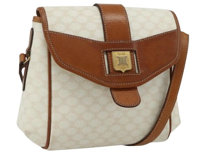 Céline Bolsa de Ombro em Lona Macadam CELINE em Couro PVC Branco e Ouro Auth ep14261 Dourado