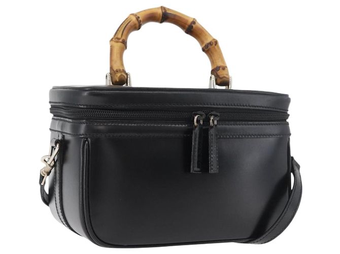 Sac à main Vanity en cuir Gucci Bamboo 2 en 1 Noir Argent Auth 175718