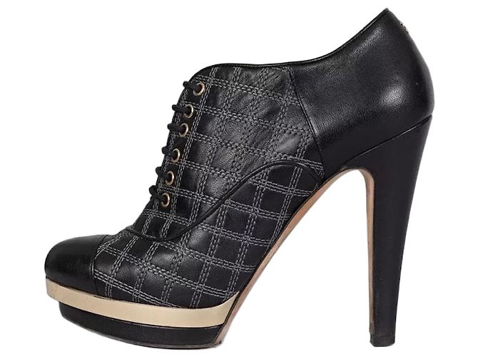 Chanel Black Leather Checkered Embroidery Ankle Boots Sz 37.5 pre-owned