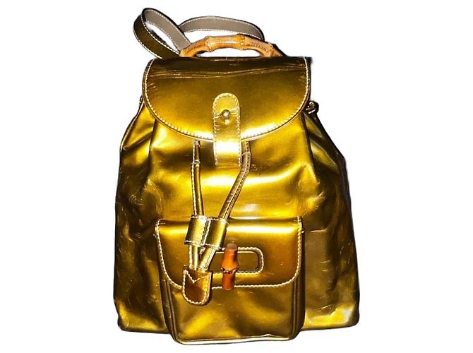 Gucci Bamboo Metallic Gold Leather Backpack Golden