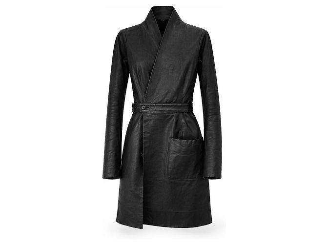 Rick Owens Abrigo de cuero negro envolvente