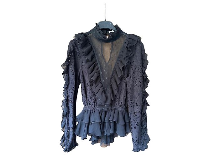 Autre Marque Schwarze Spitzenbluse mit Rüschen
