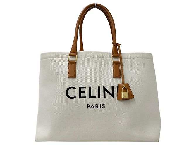 Céline Bolsa Tote de Lona Celine Marrom Branco