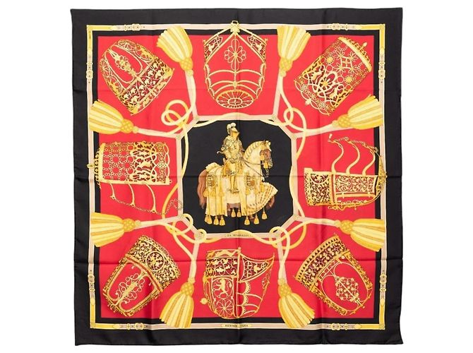 Bufanda de seda Carre 90 LES MUSEROLLES de Hermès Roja Multicolor