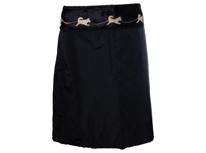 Saia de nylon preta com pele de pônei da Prada Preto