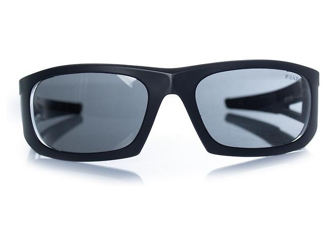 Prada, matte black sunglasses with red logo