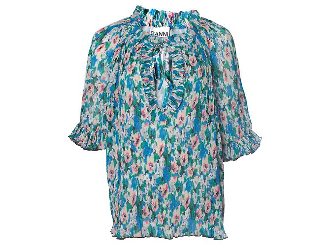 GANNI, plissierte Bluse mit 3/4-Ärmeln Blau