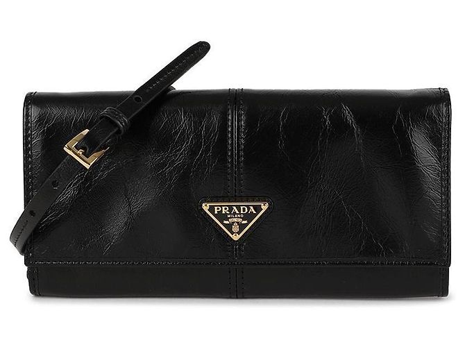 Prada Shoulder Strap Leather Wallet Black