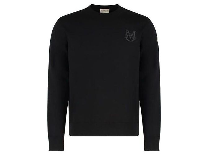 Moncler Bestickter Baumwollpullover mit Monogramm Schwarz 