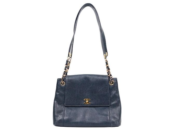 Chanel Navy Caviar CC Flap Chain Shoulder Bag Blue