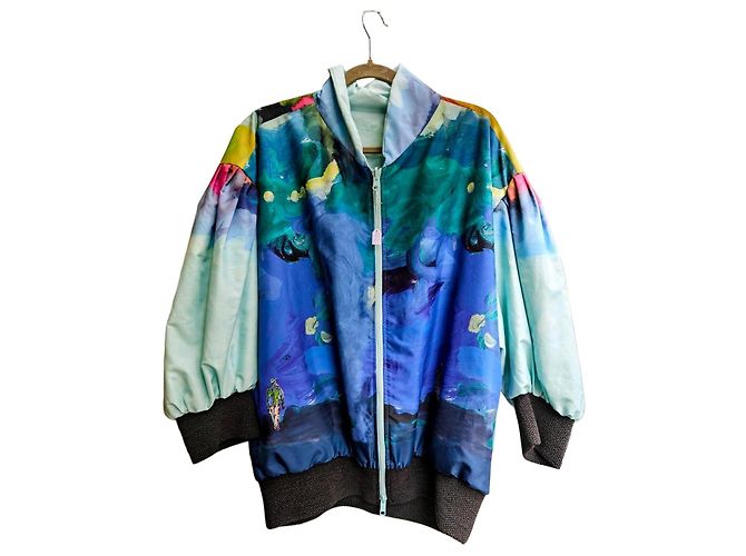 Tsumori Chisato Bunt bedruckte Bomberjacke Schwarz Weiß Blau Mehrfarben Grün