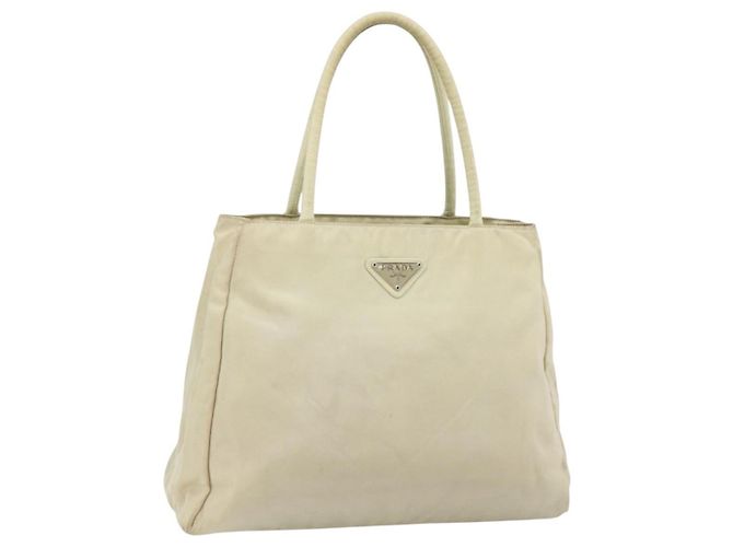 PRADA Hand Bag Nylon Ivory Silver Auth bs34653 Silvery Cream