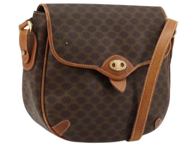 Edge Céline Bolsa de Ombro em Lona Macadam CELINE em Couro PVC Marrom Dourado Auth BA12236