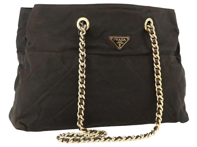 Bolsa Tote de Nylon Marrom e Dourado PRADA com Corrente Auth bs34691