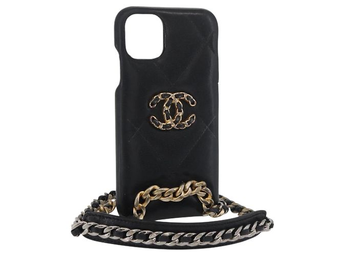 CHANEL Matelassé Cadena Funda para iPhone Bolsa de Piel de Cordero Negro Oro CC Auth BA12149A Dorado