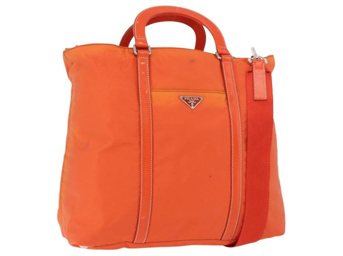 PRADA Hand Bag Nylon 2way Orange Silver Auth ti3826 Silvery