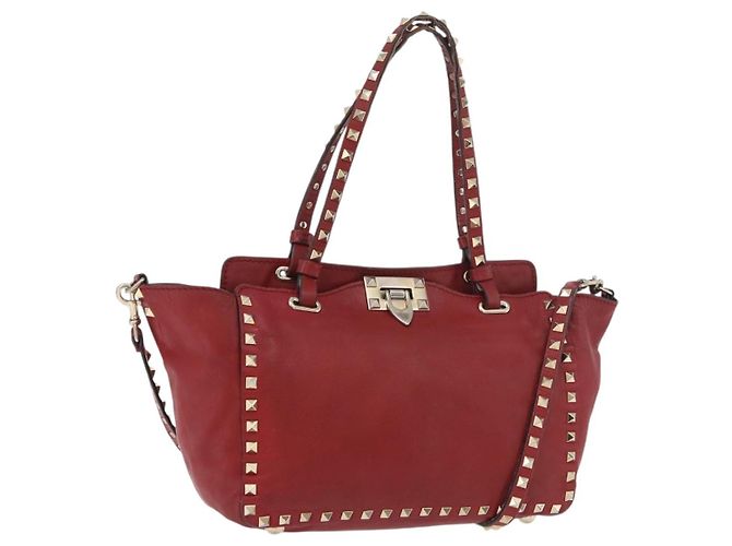 VALENTINO Bolsa Rock Studs de Couro 2 em 1 Vermelha Dourada Auth BA12287 Vermelho Dourado