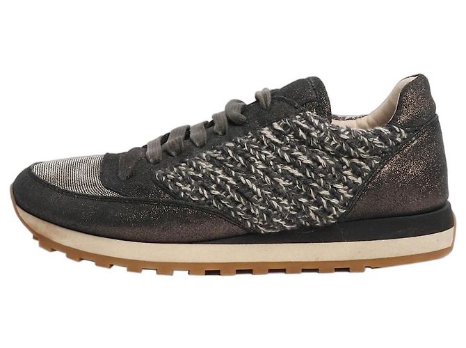 Brunello Cucinelli Dunkelgraue glitzernde Tweed-Sneaker - Größe EU 38