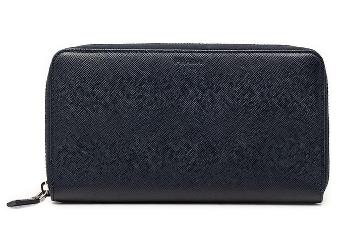 Prada Blue Saffiano Zip Around Long Wallet Navy blue