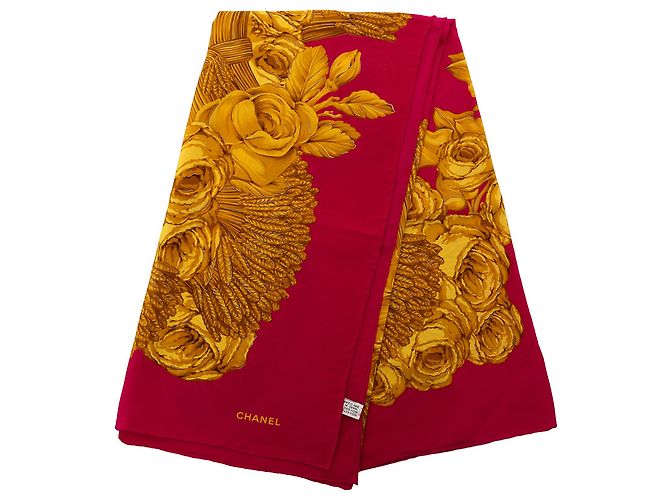 Lenço de seda com estampa floral ornamentada rosa Chanel