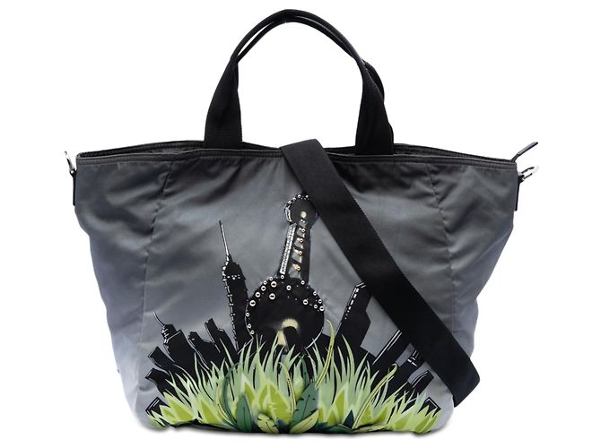 Tote Borsa Prada in Tessuto Grigio con Stampa Città e Giungla Marrone