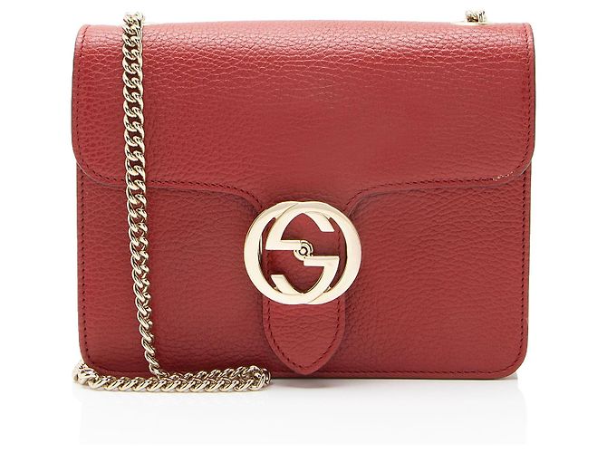 Sac à épaule petit en cuir de veau grainé avec G entrelacé de Gucci Rouge