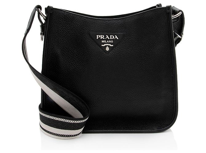 Prada Vitello Daino Logo Medium Soft Hobo Noir