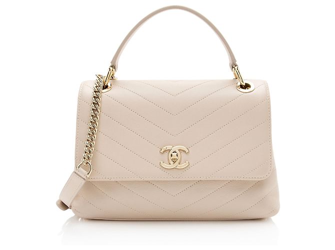 Gabrielle Chanel Chevron Couro de Bezerro Chic Pequena Alça Superior Marrom Bege