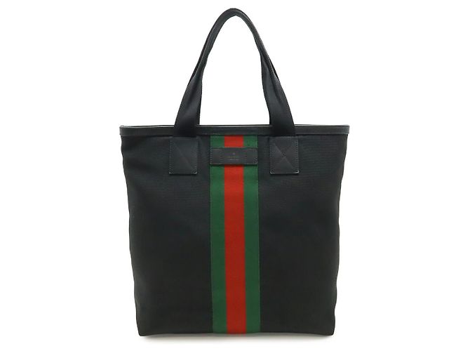 Gucci Nylon Canvas Leder Web Stripe Tote Bag Schwarz