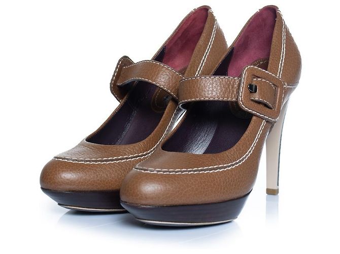 Céline Celine, Leather platform pump with strap in brown