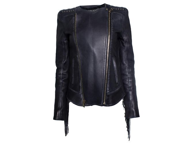 Balmain Leder-Bikerjacke mit Fransen Schwarz