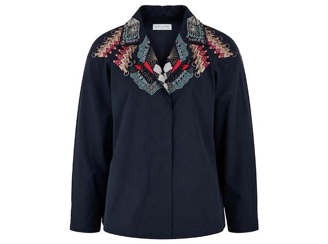 Giacca camicia ricamata Dries Van Noten blu notte in cotone pezzo statement Blu navy