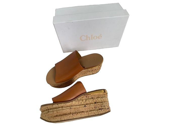 Mules compensées Chloé en cuir - Marron clair