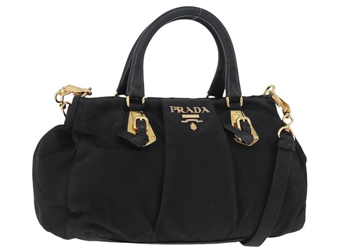 PRADA Handtasche Nylon 2-Wege Schwarz Gold Auth 178100 Golden