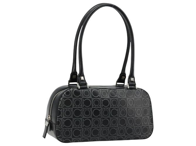 Borsa a mano Gancini in pelle nera e argento di Salvatore Ferragamo Auth BA12414A Nero