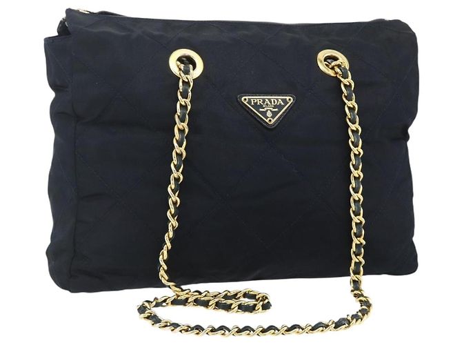 Tote Sac à main en nylon PRADA avec chaîne, bleu marine, doré, authentique 177788