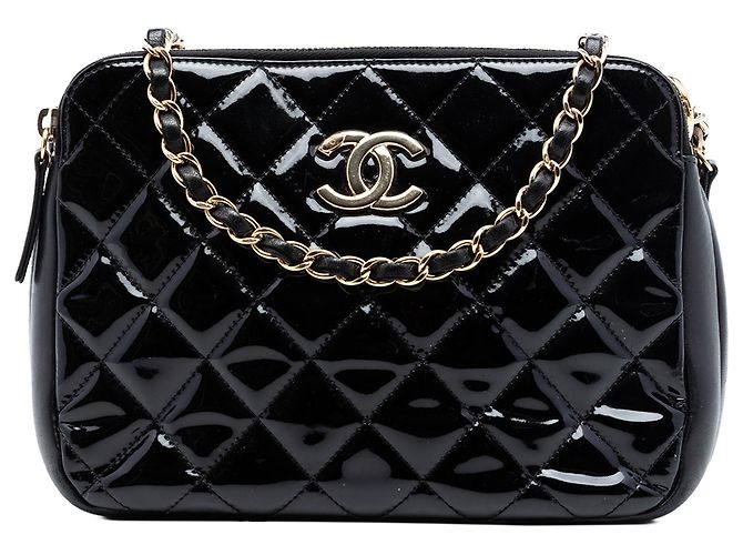 Bolso de cámara de doble cremallera en cuero charolado matelassé CC de Chanel Negro