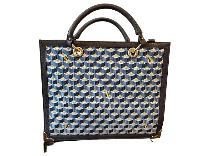 Fauré Le Page SagaCity 31 Blau Jacquard & Leder Handtasche Gelb Marineblau Dunkelblau