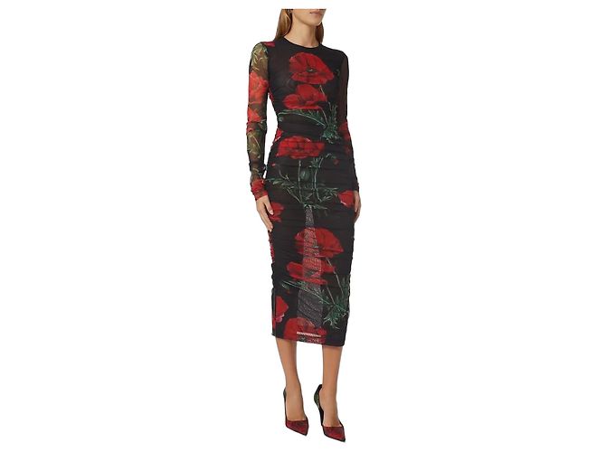 Schwarz gemustertes Midi-Kleid aus gerafftem Mesh von Dolce & Gabbana Rot