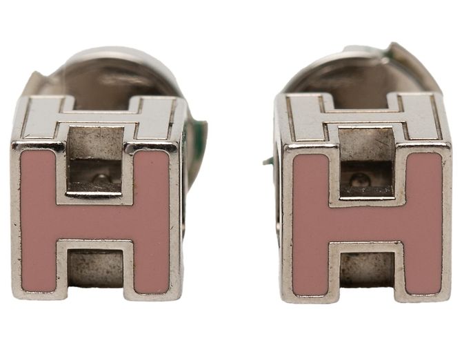 Hermès Pink Palladium Plated Enamel Cage D H Push Back Earrings 