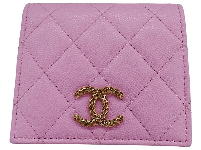Billetera bi-fold Chanel en piel de ternera granulada Rosa Verde
