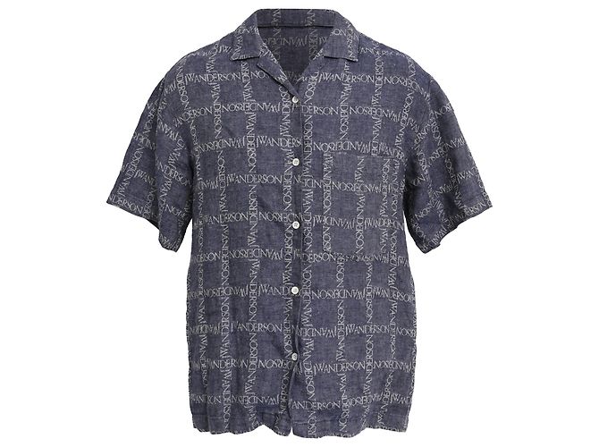 Camicia button-down in lino blu con logo jacquard Jw Anderson