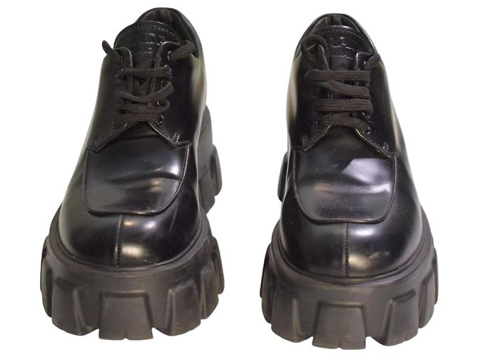 Prada Monolith Brushed Leather Platform Derby Shoes - Black