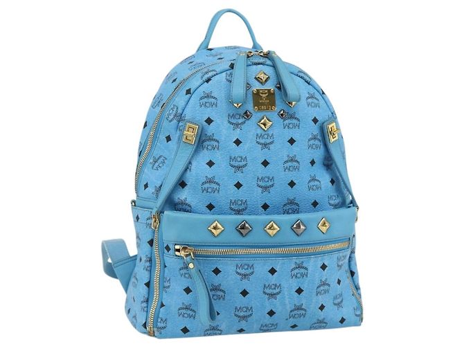 MCM Vicetos Logogram Backpack PVC Light Blue Gold Auth 178560 Golden